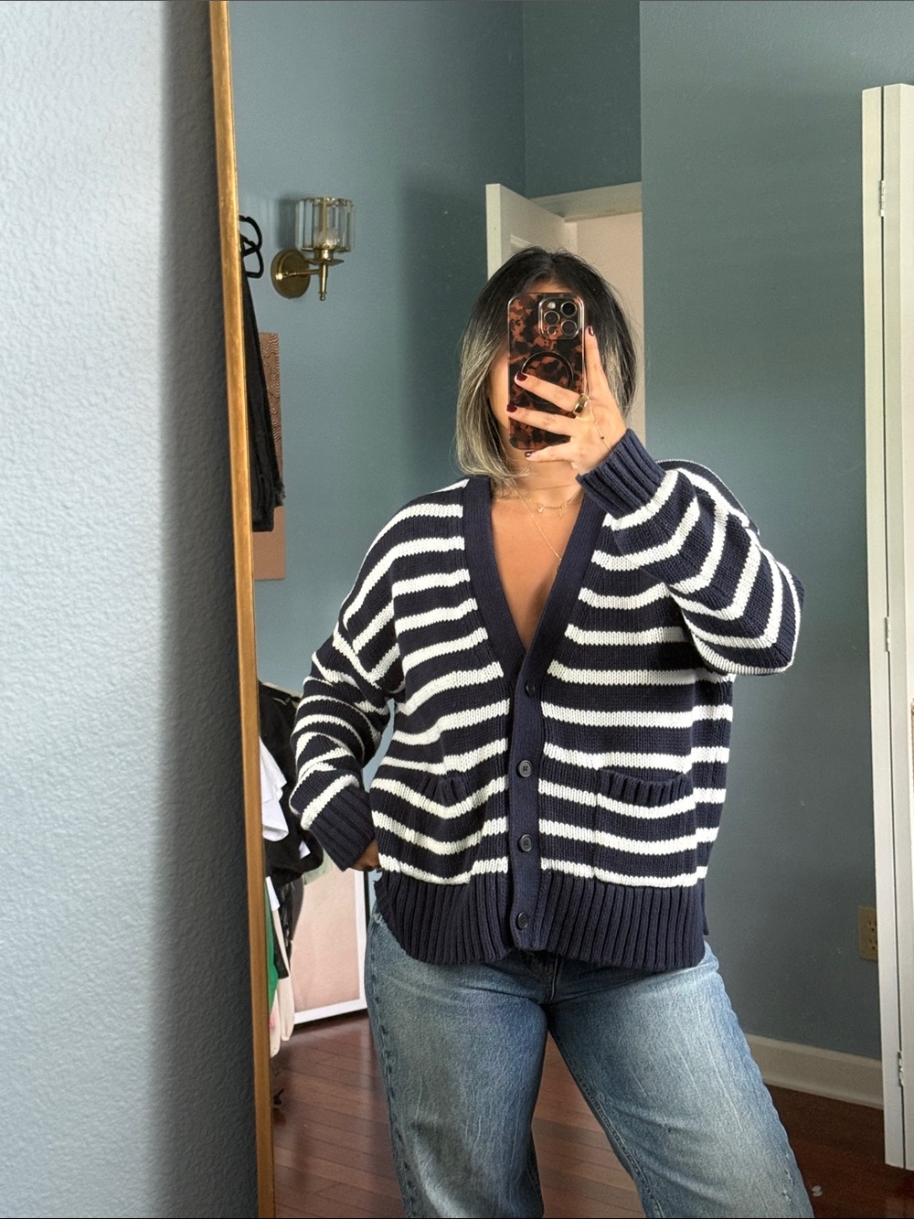 J.Crew Navy Blue Ivory Striped V-Neck Button Front Cardigan Sweater